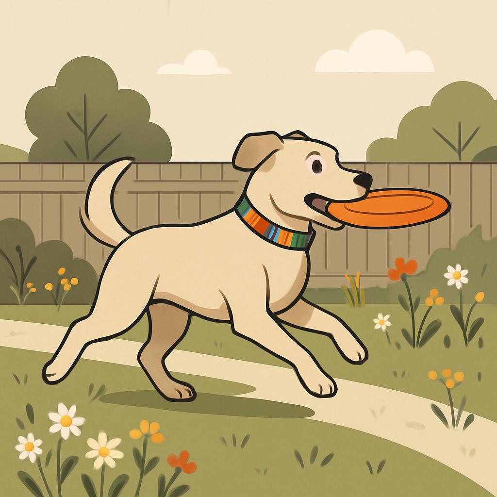 A cartoon dog running through a garden, carrying an orange frisbee in its mouth.