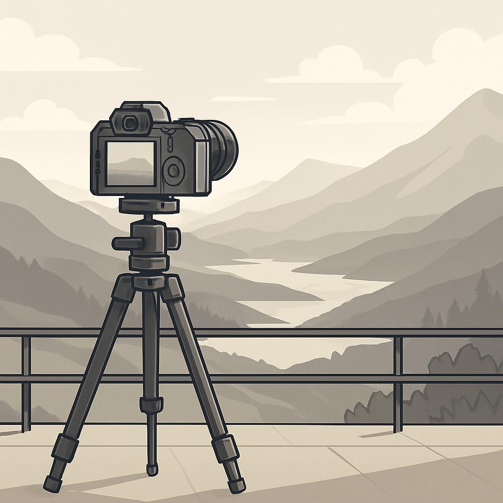 A square metal stand with a long, three-legged base holding a pedestal for a camera with a large lens, it has a low profile.